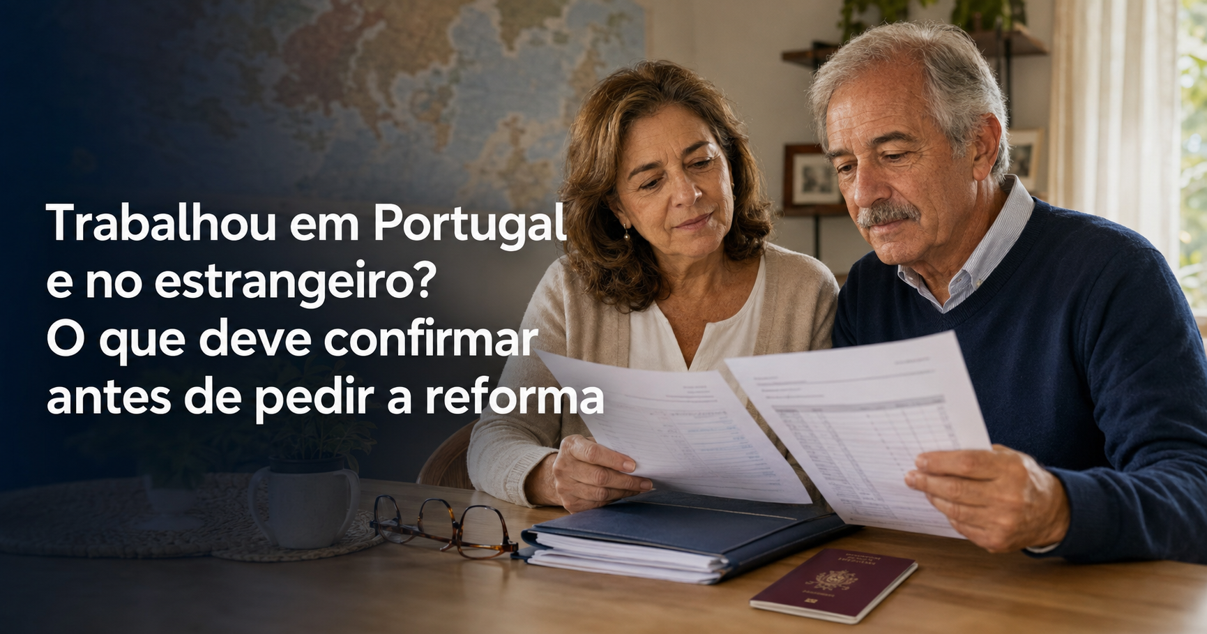 Casal sénior português a analisar documentos de reforma, representando uma carreira profissional entre Portugal e o estrangeiro.